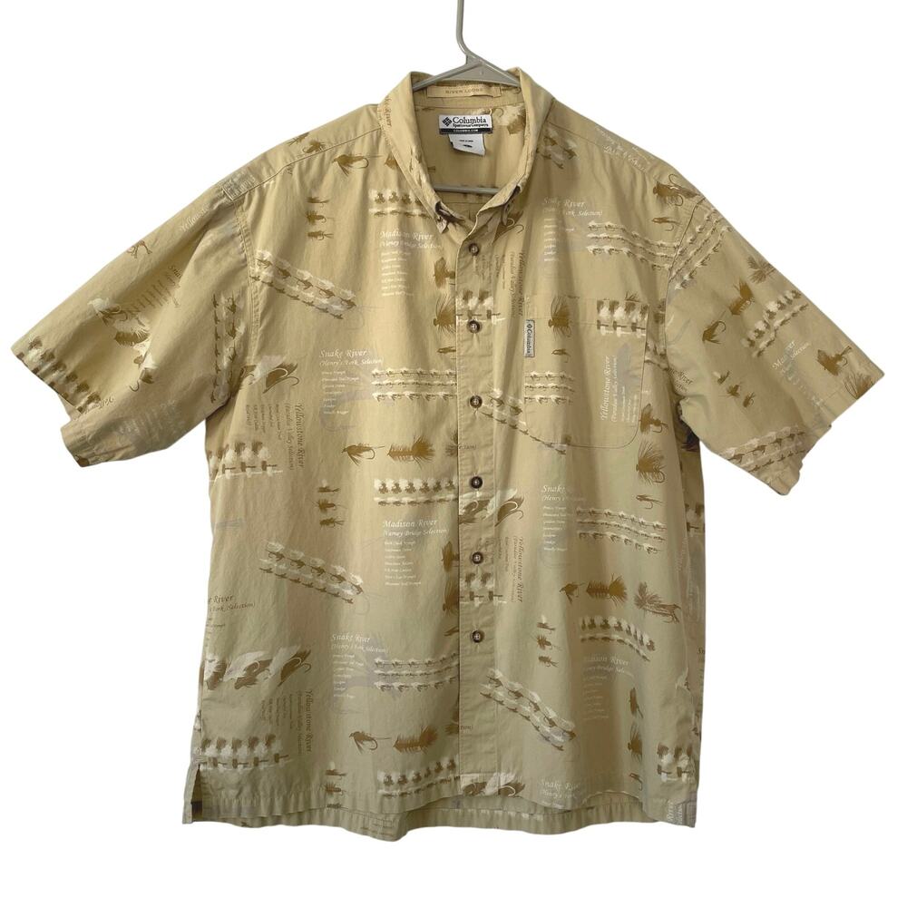 Columbia River Lodge Mens Cotton Fly Fishing Yellowstone S/S Button Down Large